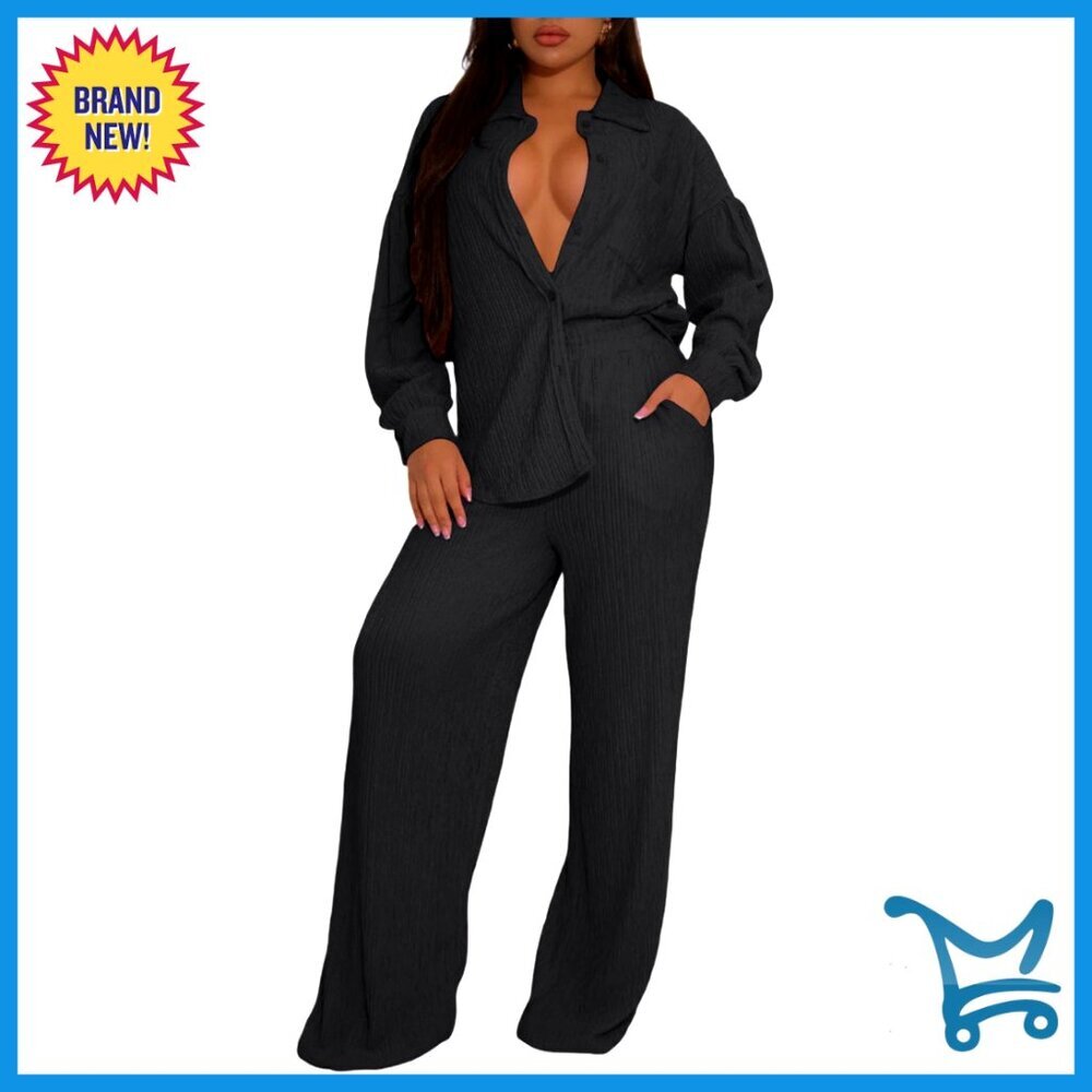 Pleated Matching Set Long Sleeve Button Down Shirt Wide Leg Pants Elegant